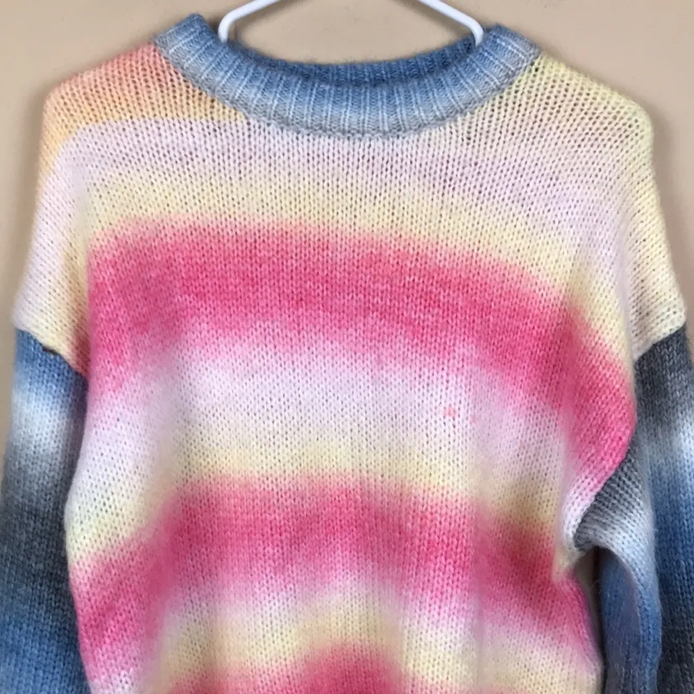 Storia Women’s Multi-Colored Ombré Chunky Knit Balloon Sleeve Crewneck Sweater - Image 2