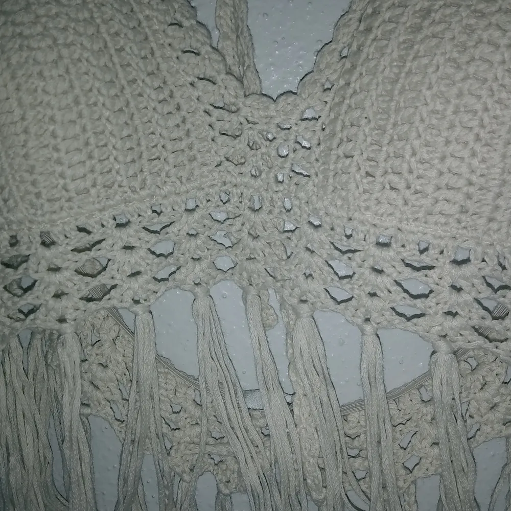 Papaya M Halter Crocheted Crop Top Fringe Beige - Image 3