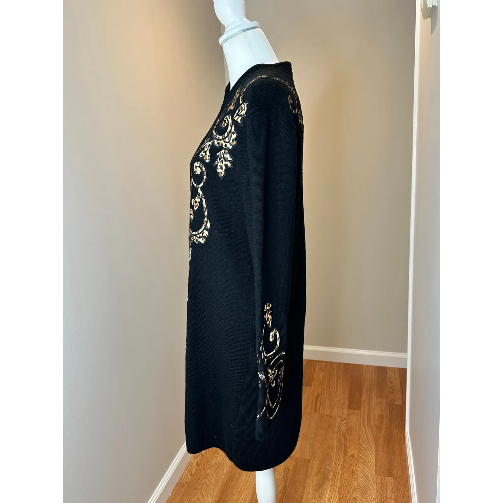 Vintage Pamela McCoy Longline Ribbed Black Cheetah Print Cardigan Coat Large - Image 4