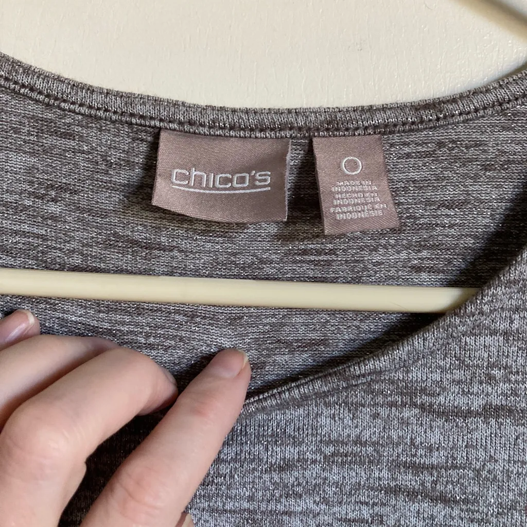 🌞Chico’s Texas Taupe Silver Simmer 3/4 Sleeve Mesh Lace Hem Shirt Blouse #MBG - Image 2