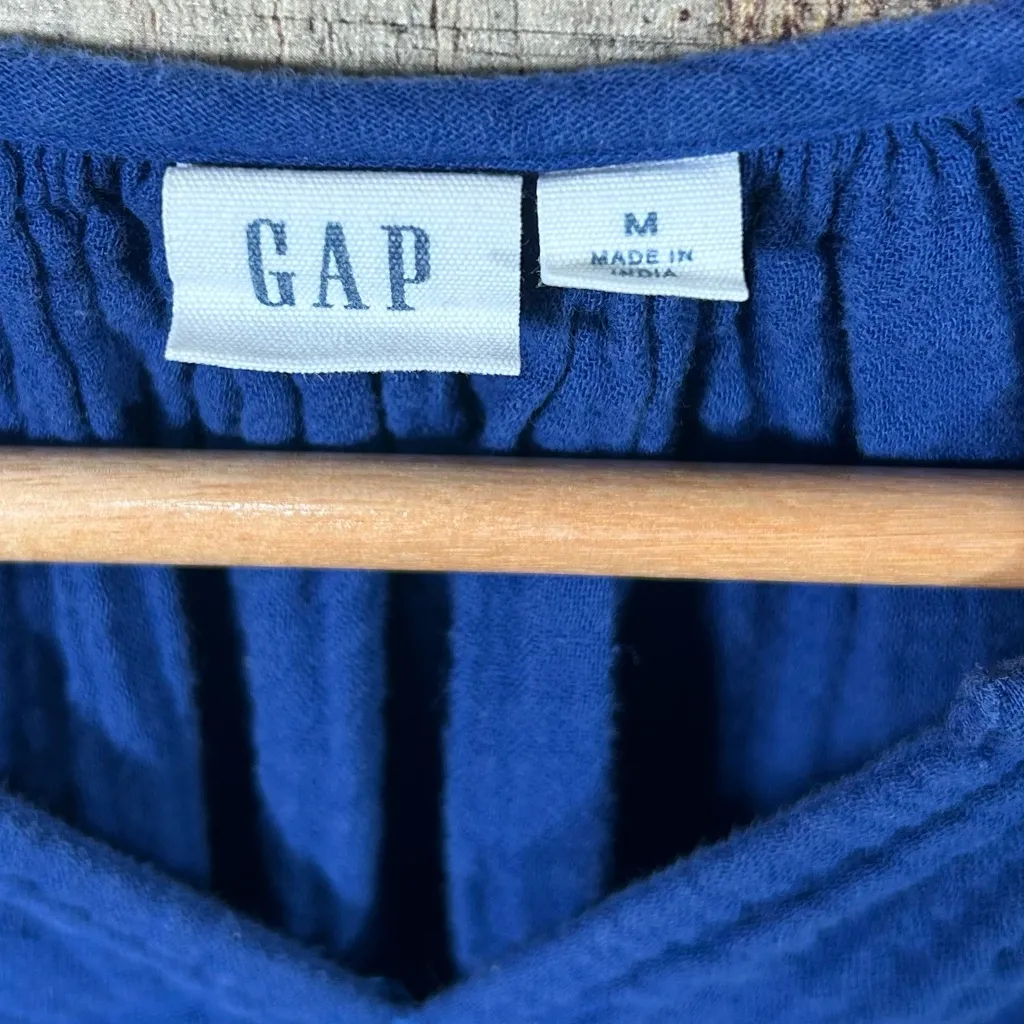 GAP Blue Gauze Medium Midi Dress Boho Tiered Peasant V Neck Cotton Cottagecore - Image 5