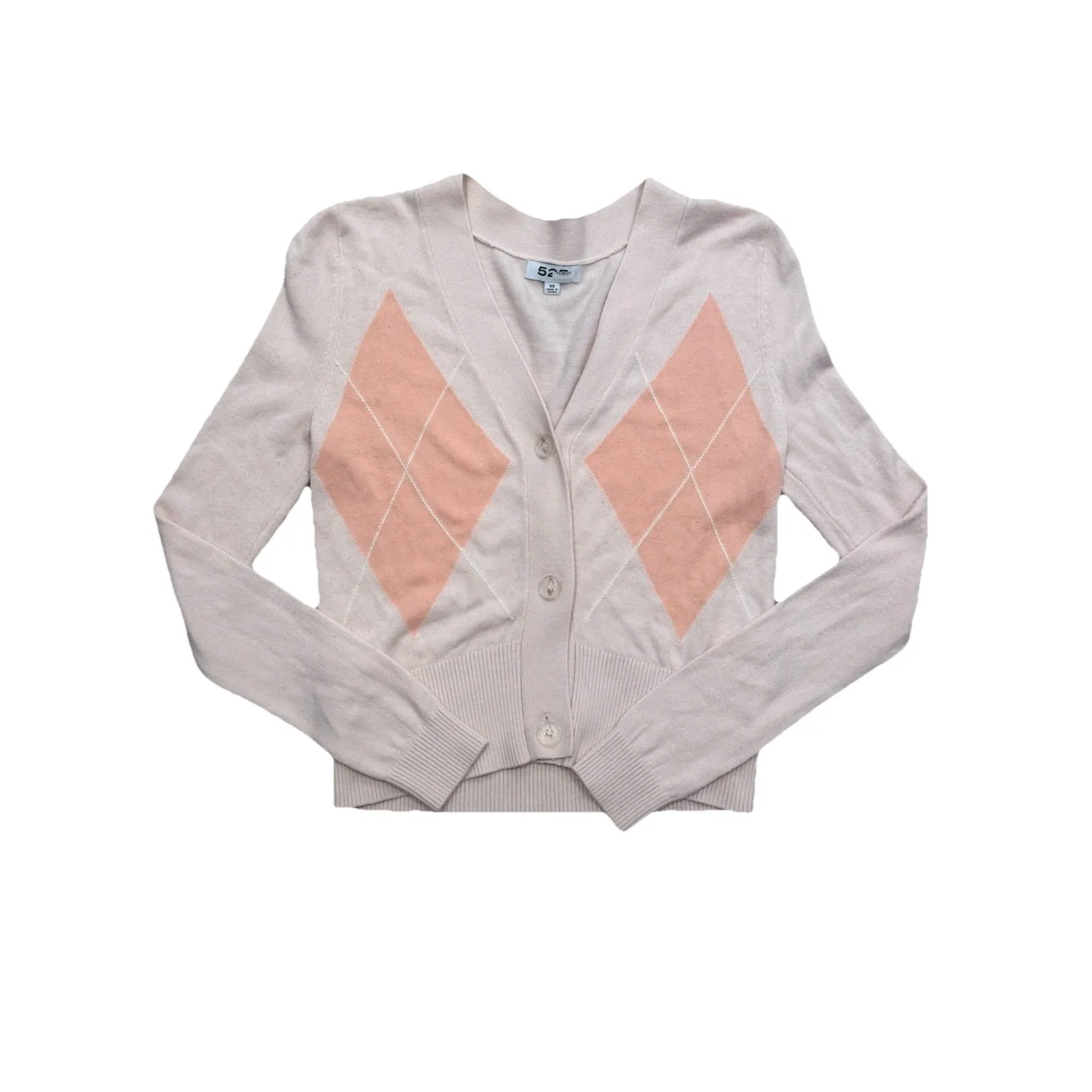 Women's XS 525 America Vintage Baby Pink Academia Spring Argyle Cardigan Sweater - Image 2