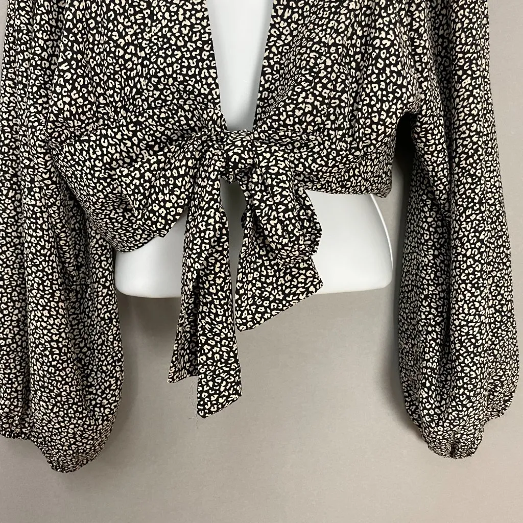 Princess Polly New Mood Top Tie Front Deep V Size 8 Animal Print‎ Balloon Sleeve - Image 8