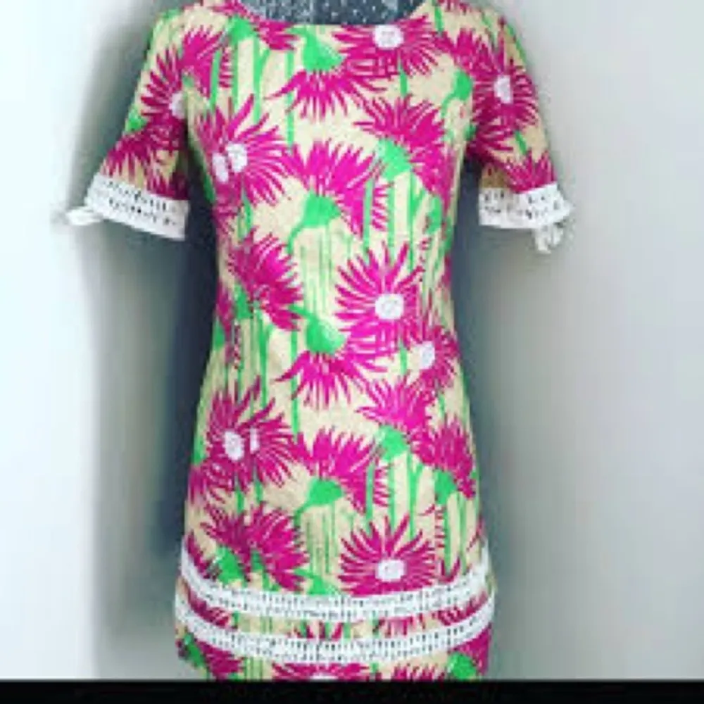 LILLY PULITZER Fiesta Beige Magenta Lime Floral Stretch Cotton Dress Size 4 - Image 6