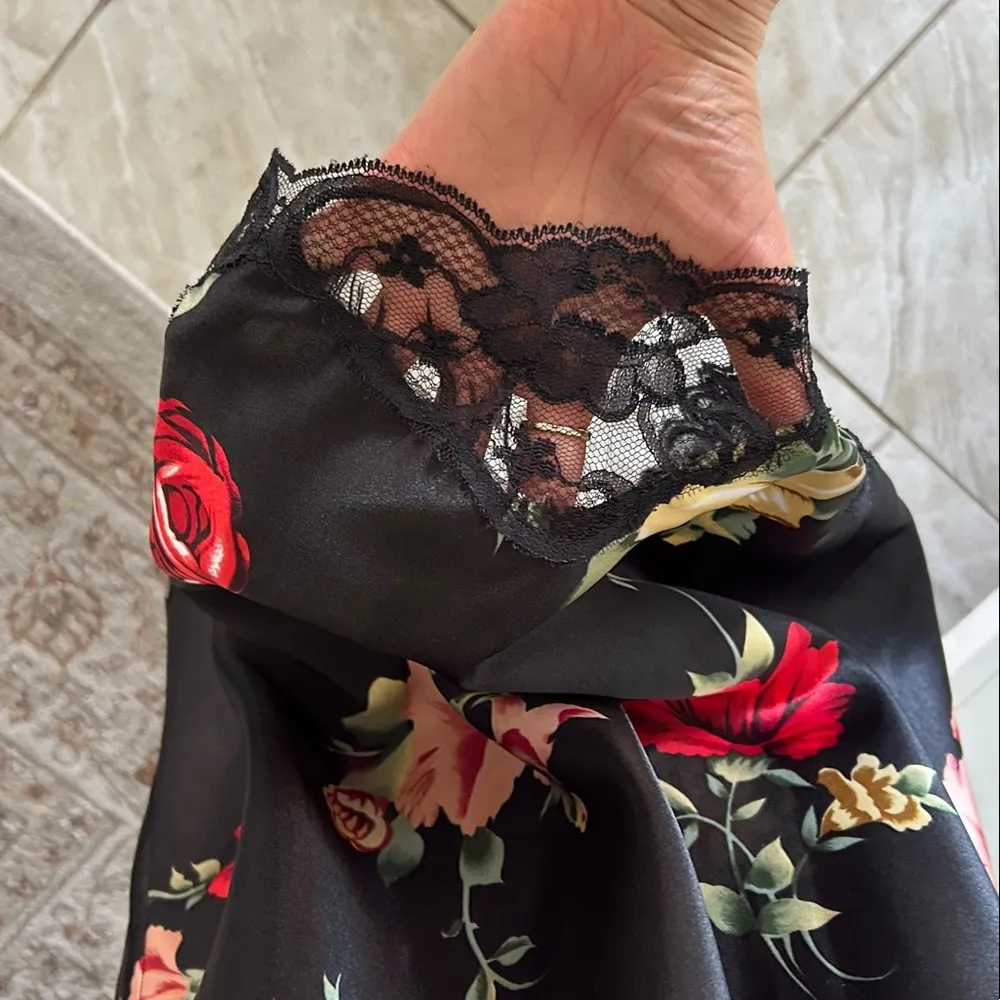 Cinema etoile VTG 🌺 black satin boho romantic floral lace maxi slip dress L​ Size L - Image 5