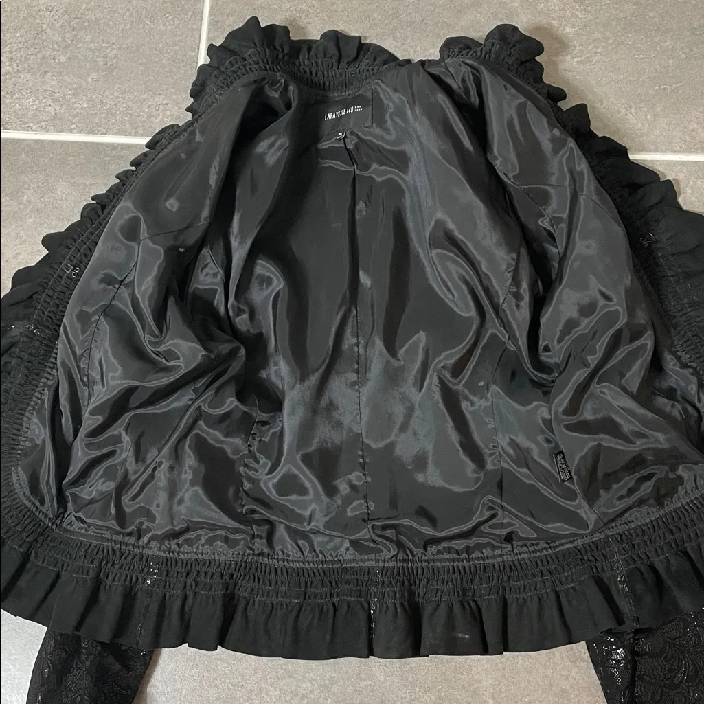 Lafayette 148 New York Black Metallic Ruffle Embellished Leather Jacket size 10 - Image 4