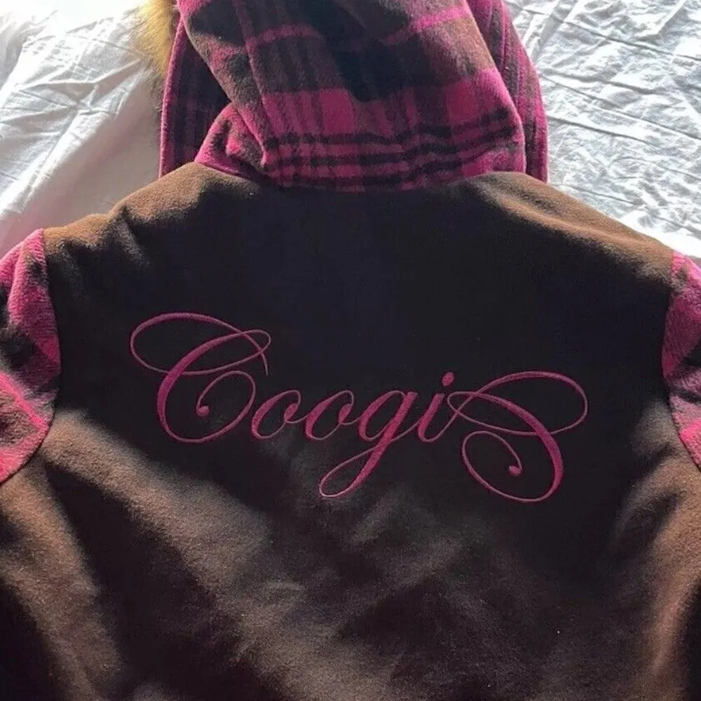 Vintage Coogi Women’s XL Plaid Wool Blend Hooded Full Zip Jacket Pink Brown Y2K - Image 3