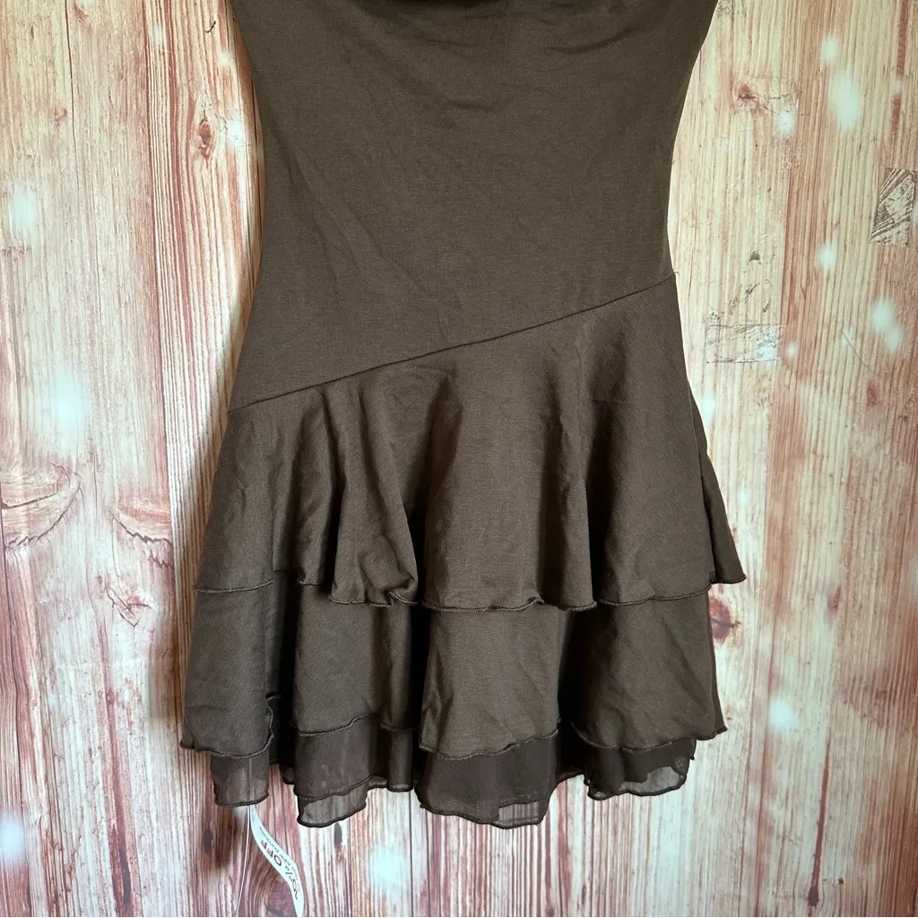 Romwe Brown The White Lotus Embroidered Detail Tiered Hem Halter Short Dress - Image 11