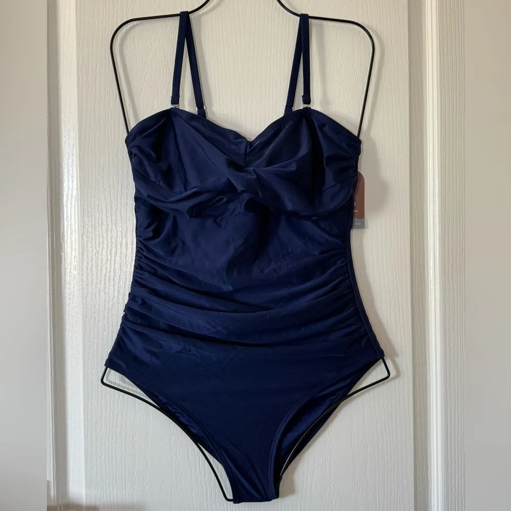 Smismivo Strapless One Piece Tummy Control Swimsuit Ruched Bandeau Navy Blue S - Image 3