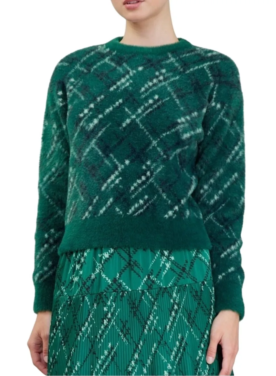 Current Air Emerald Green Argyle Sweater Fuzzy Knit Pullover Crewneck Women. - Image 1