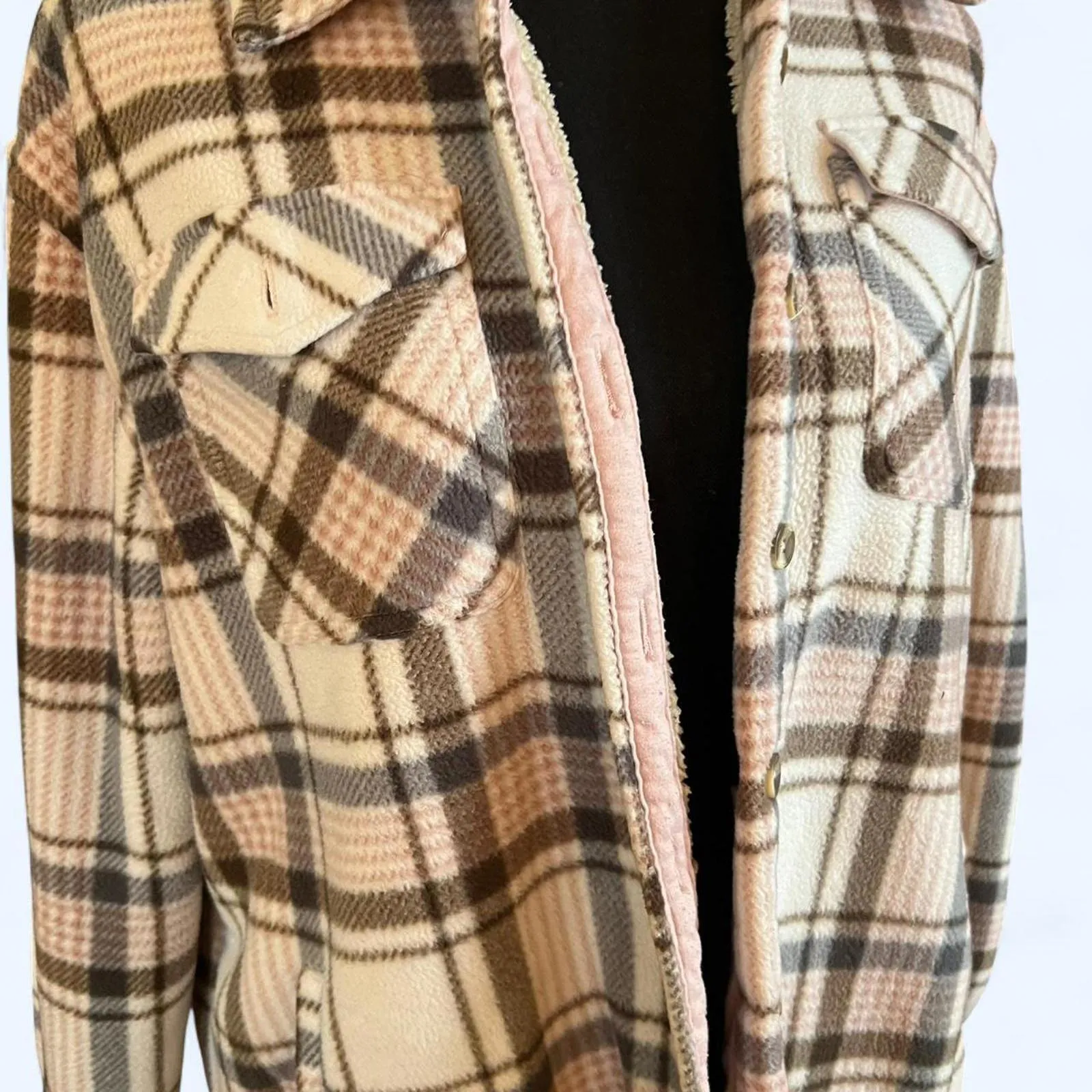 Cream and pink sage plaid flannel fleece lined jacket Size Medium Tan - Image 2