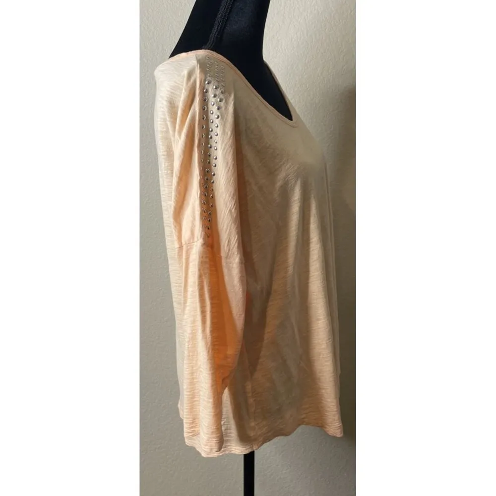 Chicos‎ 3 US XL Peach Silver Studs 3/4 Sleeve Cotton Top Blouse Pocket Beach - Image 3