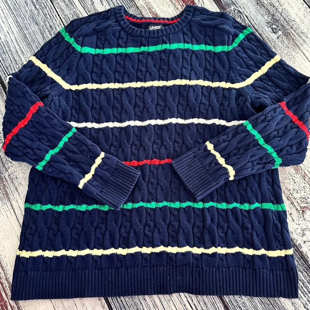 Lands End 100% Cotton Cable Knit Stripe Sweater​ Blue Size L - Image 2