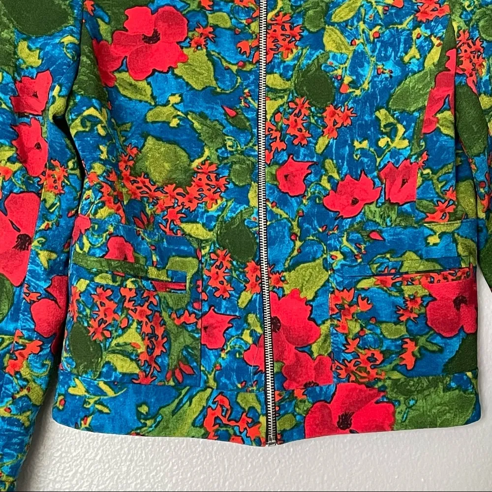 Zara Basic Zip Up Long Sleeve Green/Blue/Red Floral Lined Jacket Size XS - Image 4