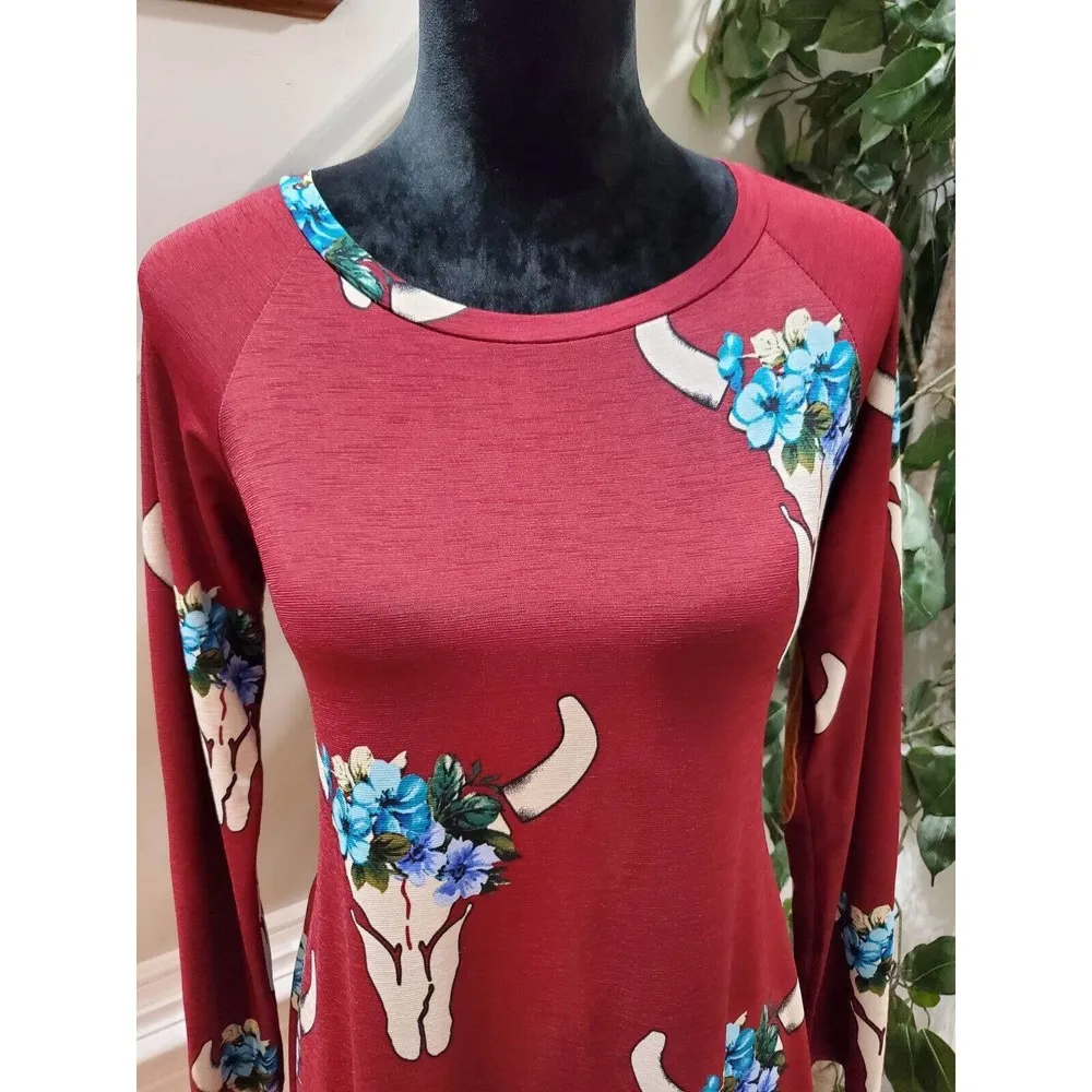Maroon Floral Polyester Round Neck Long Sleeve Knee Length Pockets Dress Small - Image 4