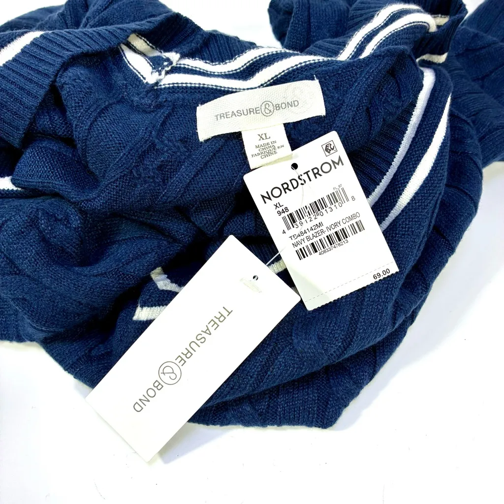 Treasure & Bond Varsity V Neck Sweater Navy Blazer Ivory Combo XL NWT - Image 3