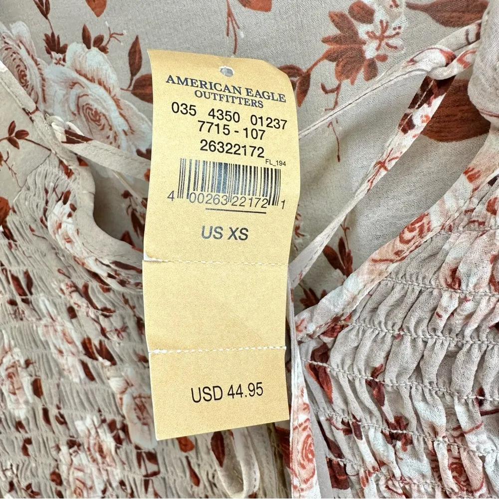 NWT American Eagle Outfitters Floral Smocked Tie Neck Ruffle Top Blouse - Image 4