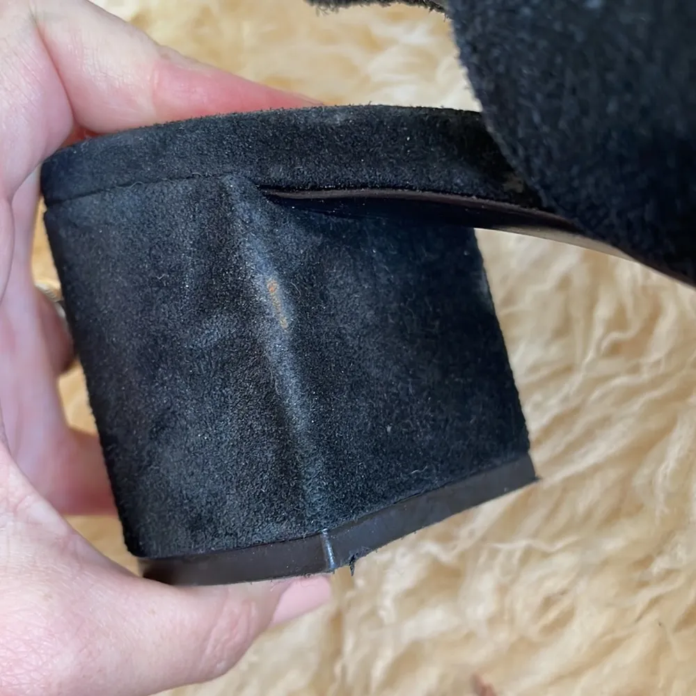 Schutz Binalia Wood block Heels Open peep toe booties tie back black suede - Image 10