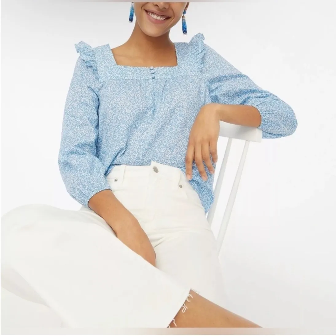 J. Crew Floral Print Square Neck Ruffle Sleeve Cotton Blouse Womens Size M - Image 3