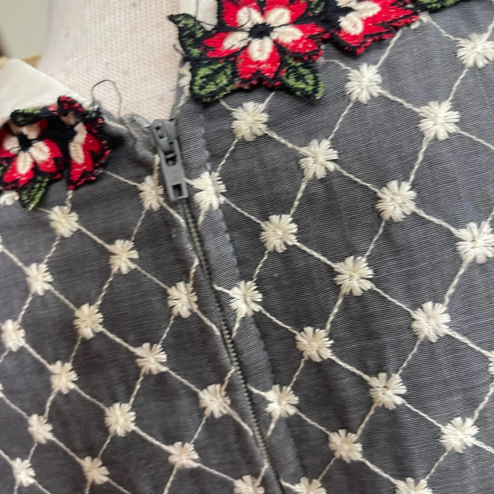 Vtg Floral Embroidered Maxi Dress Mock Neck Lace Ruffle Victorian sm - Image 5