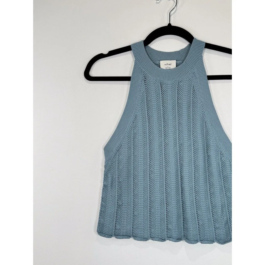 Aritzia Wilfred Women Top Blue Crochet Halter Tank Cropped Stretch Y2K Small - Image 5