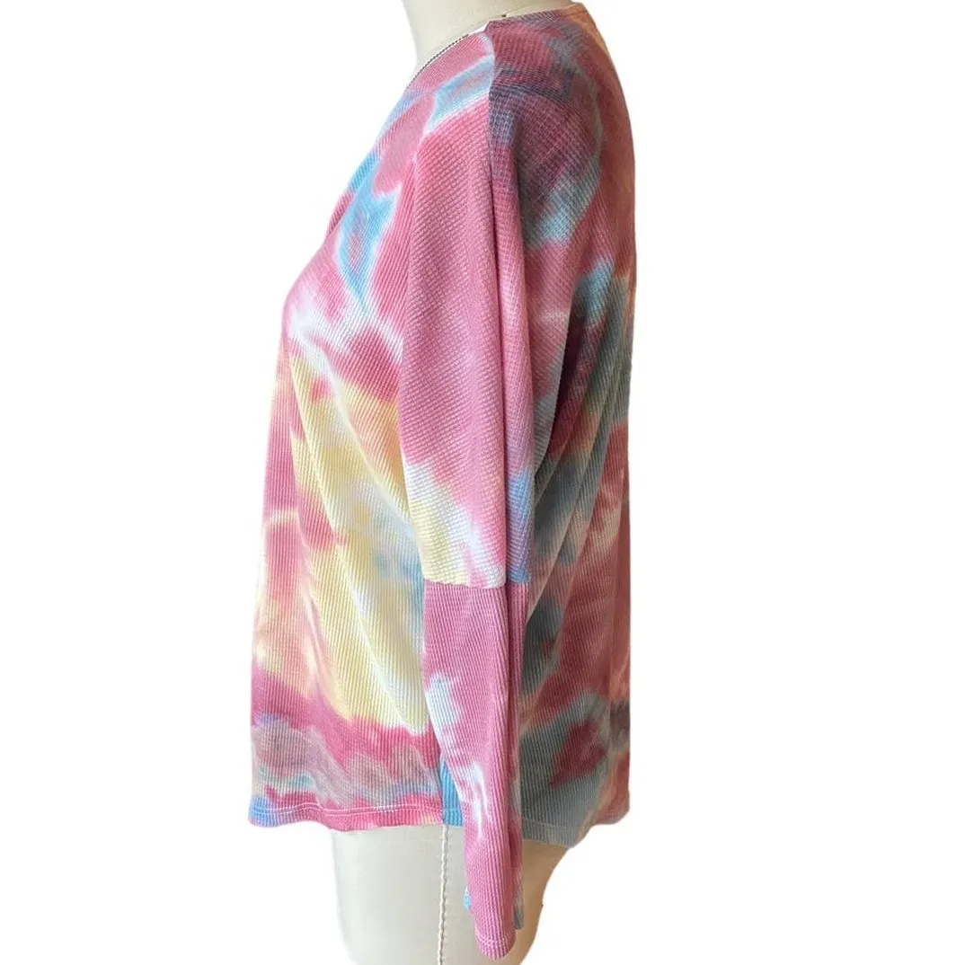ARIELLA Tie Dye Waffle Knit Adjustable Zippered Long Sleeve Top ~ Womens Size XL Purple - Image 4