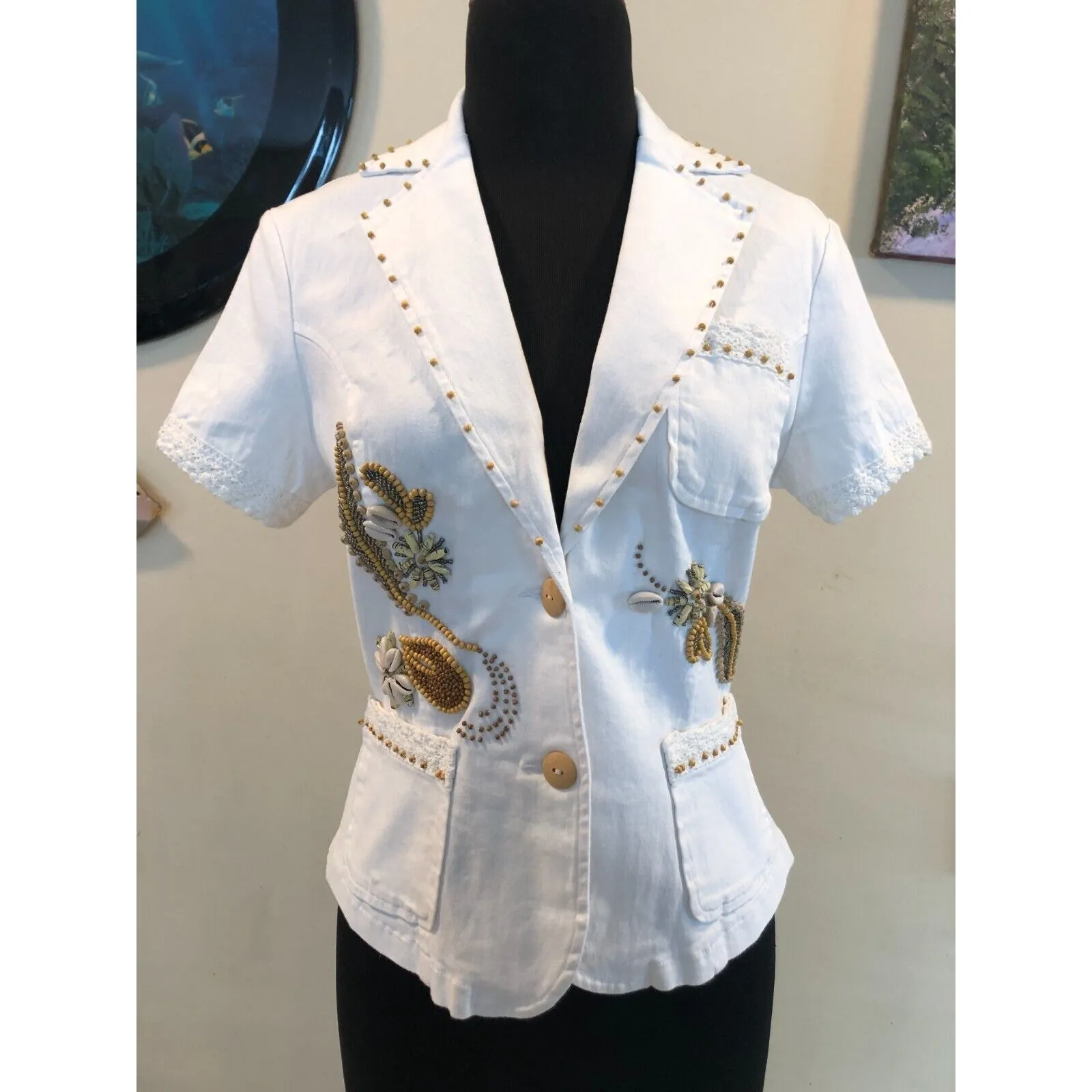 Cache White Denim Top Jacket Beads Sea Shells Embellished $138 NWT Front Button - Image 7