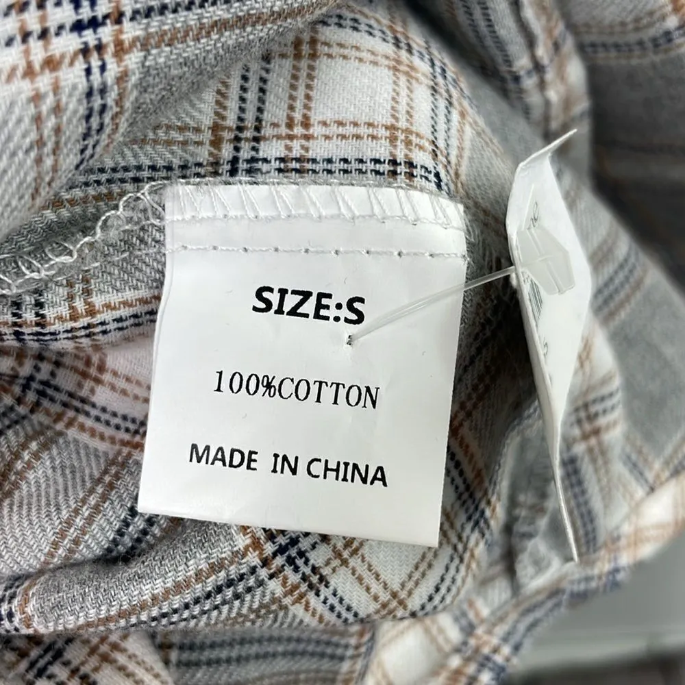 Flannel Plaid Long Sleeve Front Button Closure With Hood Shirt Gray Small Cotton - Image 12
