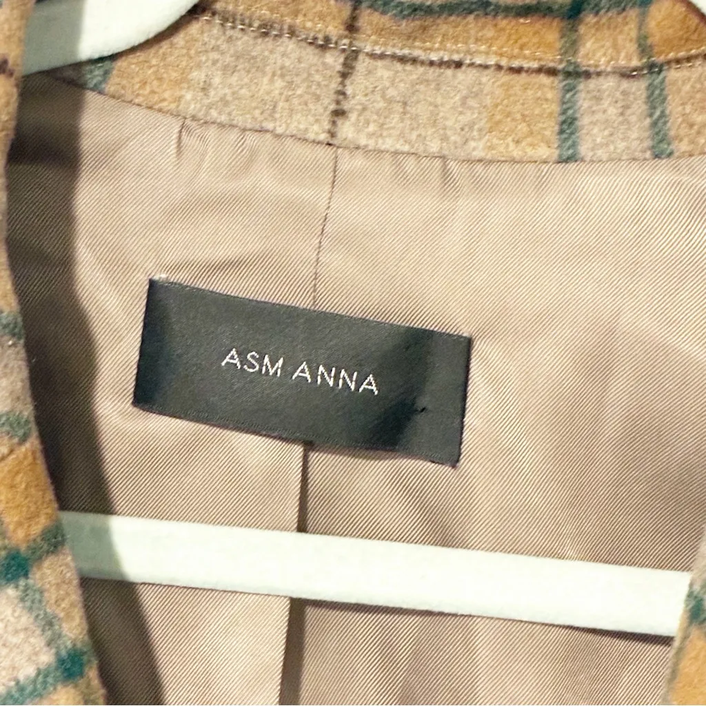 Asm Anna Brown Plaid Belted Button Front Coat Size Medium Tan - Image 3