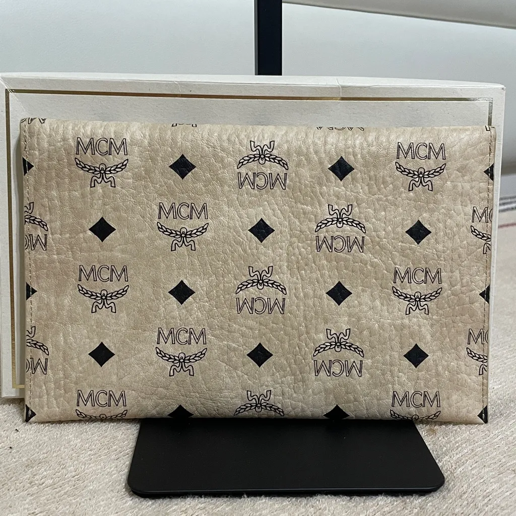 MCM Novelty Item Cream and Black Logo Clutch - Image 2