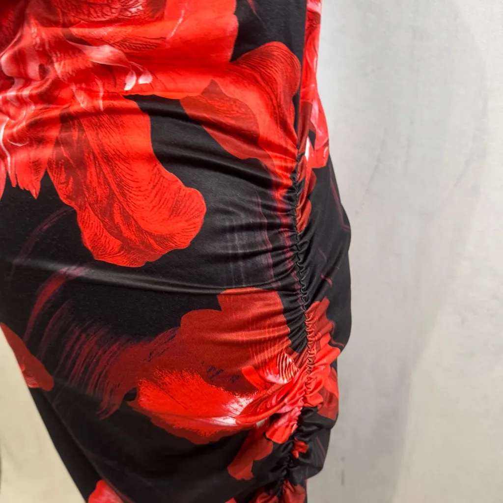 Black and red floral print ruched ruffle hem midi cami dress size large - Image 5