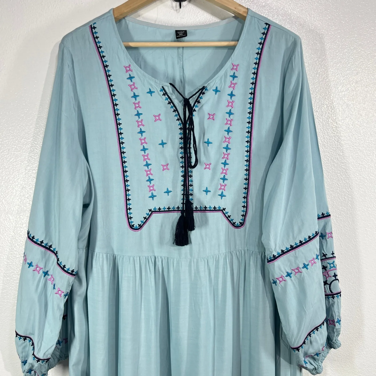SHEIN CURVE Maxi Dress Boho Embroidered Tiered Blue Long Sleeve 3XL - Image 6