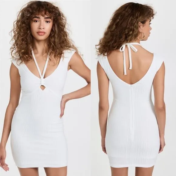Rumer  White Ribbed Sorrento Halter Neck Tie Stretch Mini Dress S NEW - Image 3