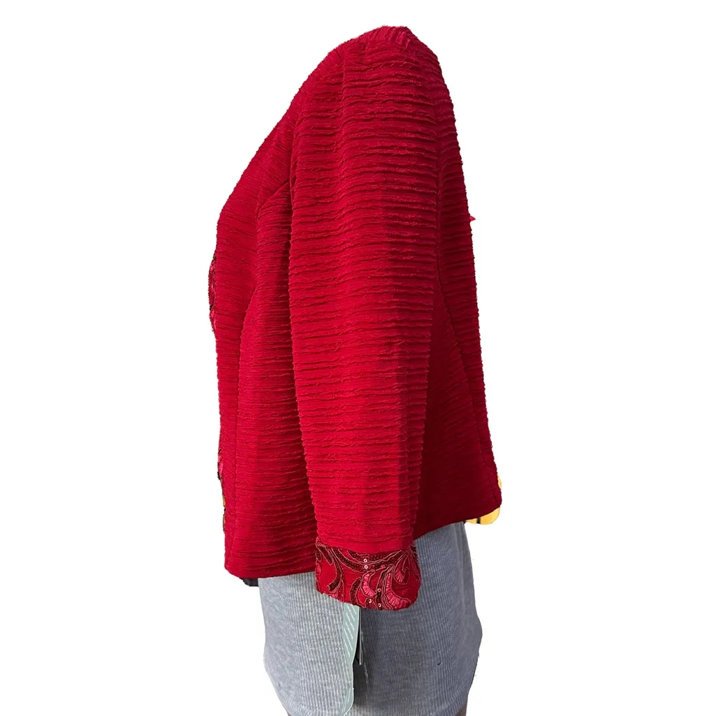 Maya Brooke Crinkle Knit Open Front Blazer Jacket Sequin Trim Bright Red Size 14 - Image 2