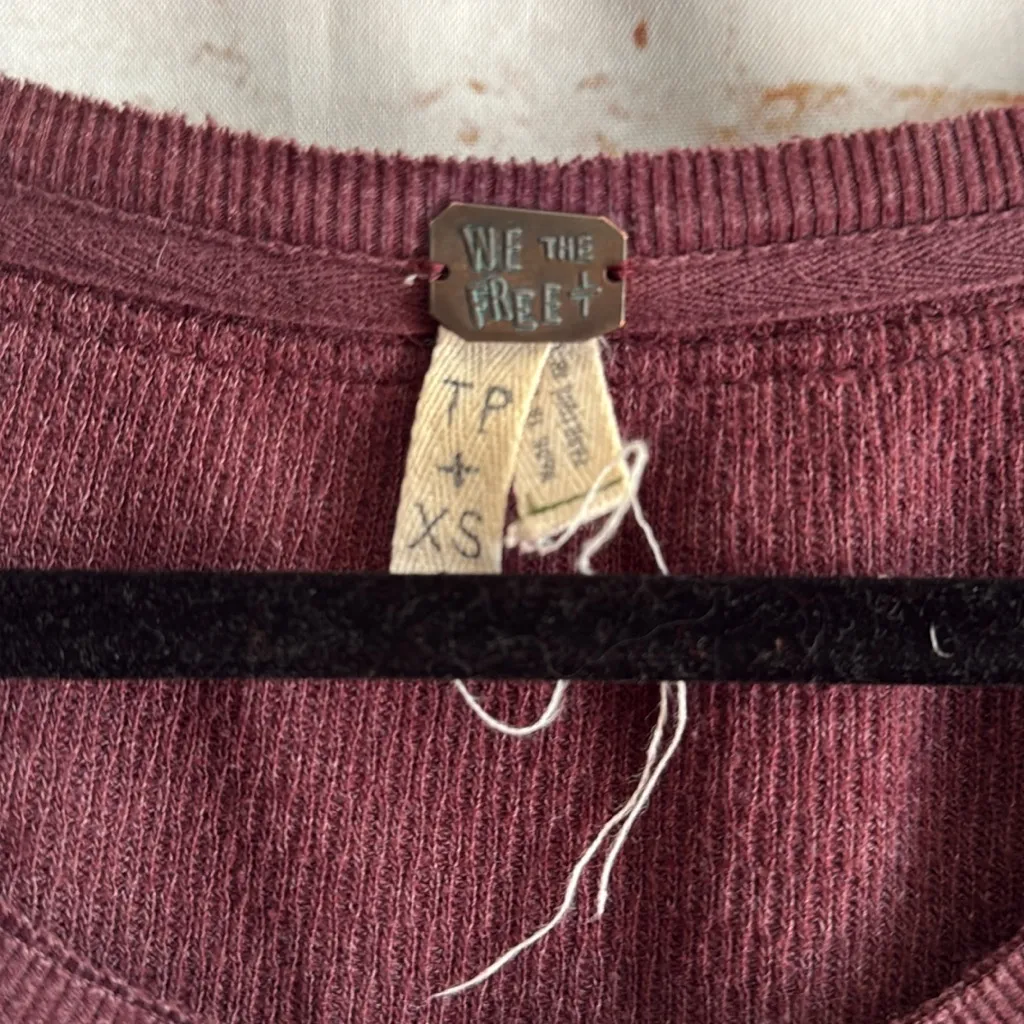 We The Free Maroon Embroidered Rainbow Thermal Henley Top Long Sleeve Plum XS - Image 4