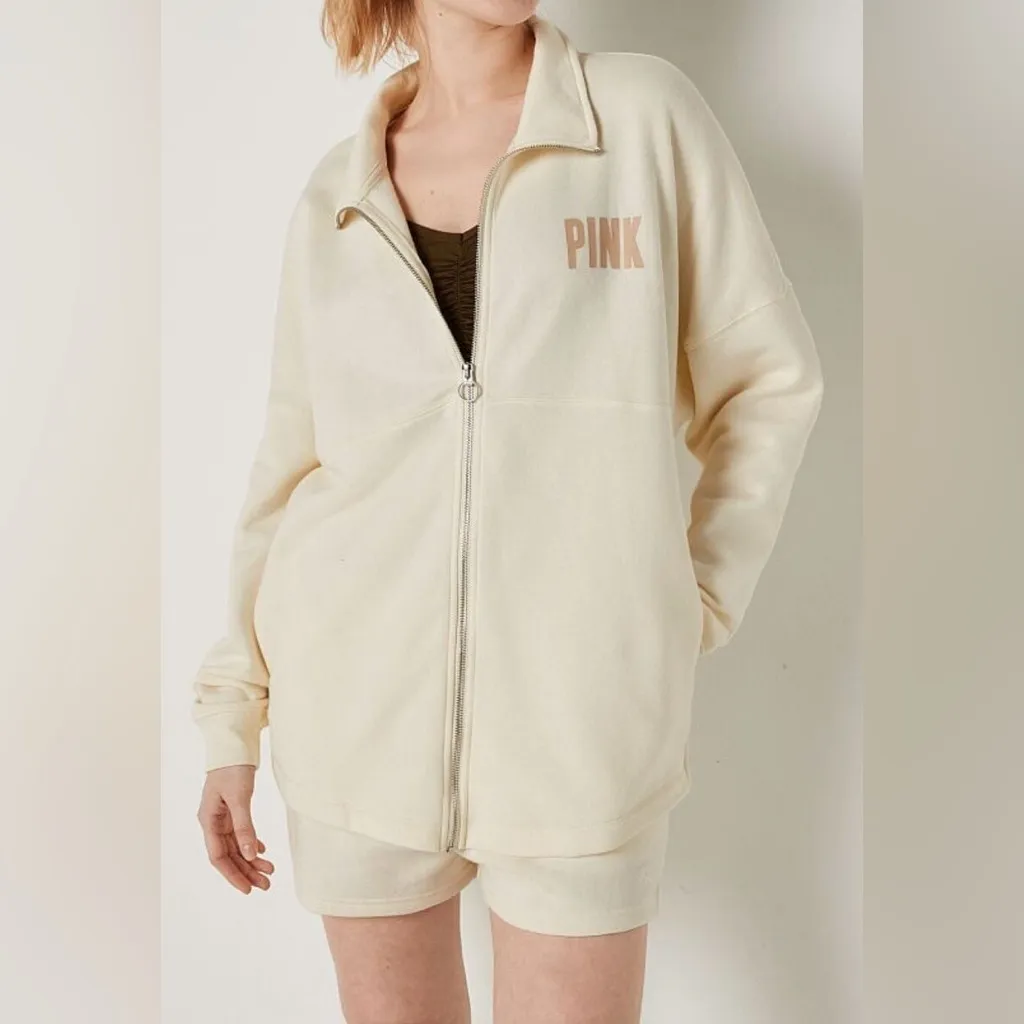 PINK Zip Up Sweater in Cream - Image 2