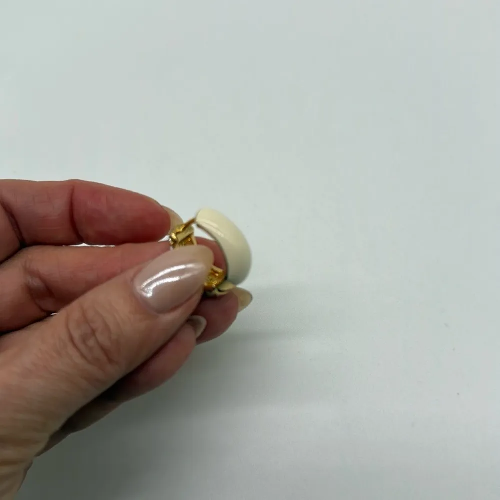 Joan Rivers Gold Plated Crystal Hoop Pierced Earrings Ivory Enamel - Image 6