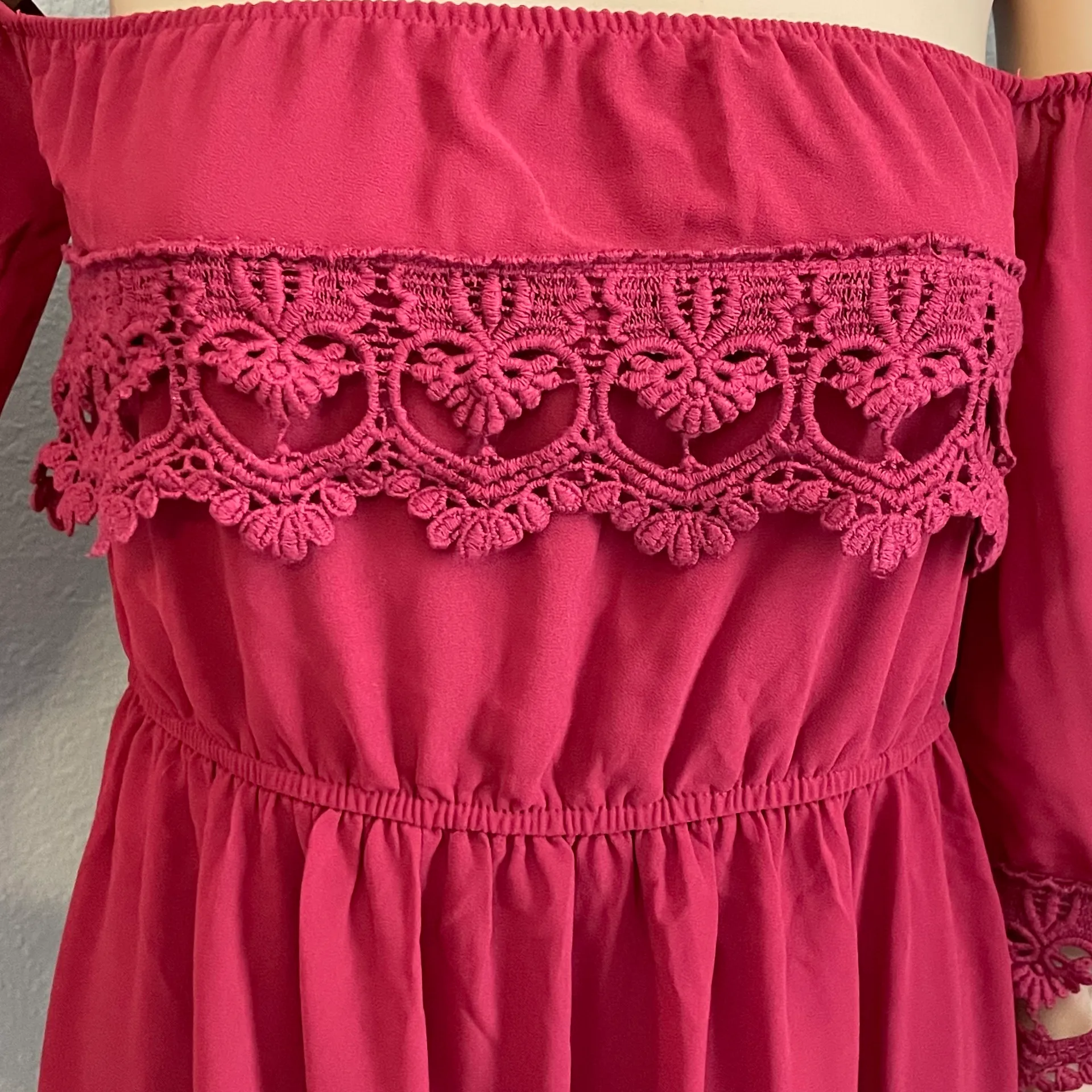 Dark Red Wine Off The Shoulder Crocheted Lace Dress Small - Image 5