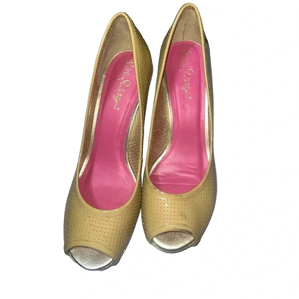Lilly Pulitzer Sz 8 Tan‎ Peep Toe Wedge Heels Espadrille Style Shoes Resort - Image 3
