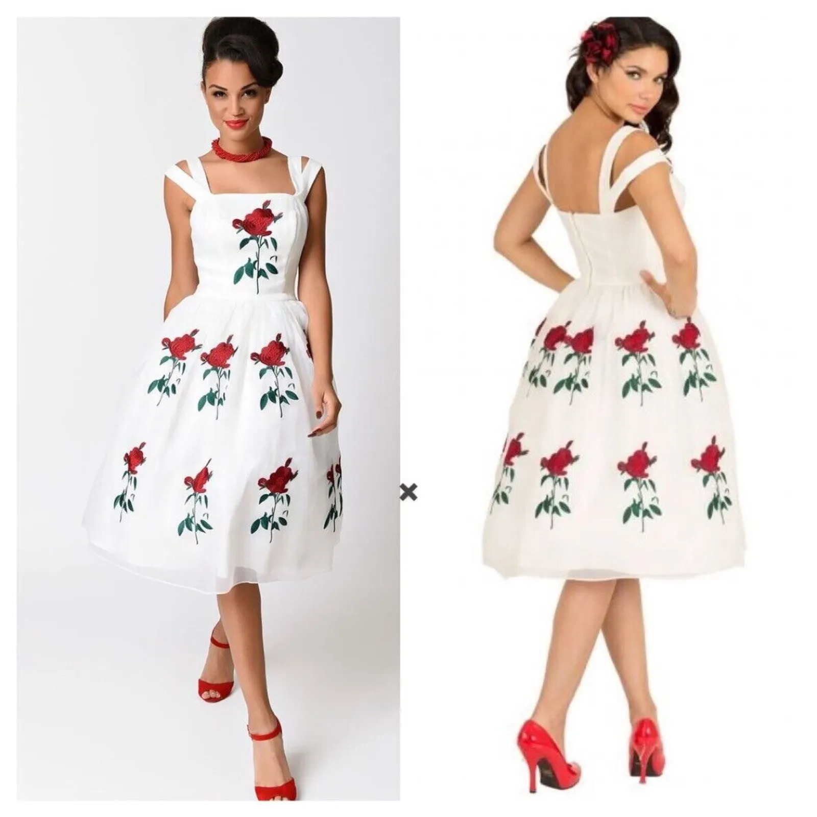 Tatyana Bella Rose Floral Embroidered Midi Dress XS Tulle Pinup Retro Cocktail White - Image 2