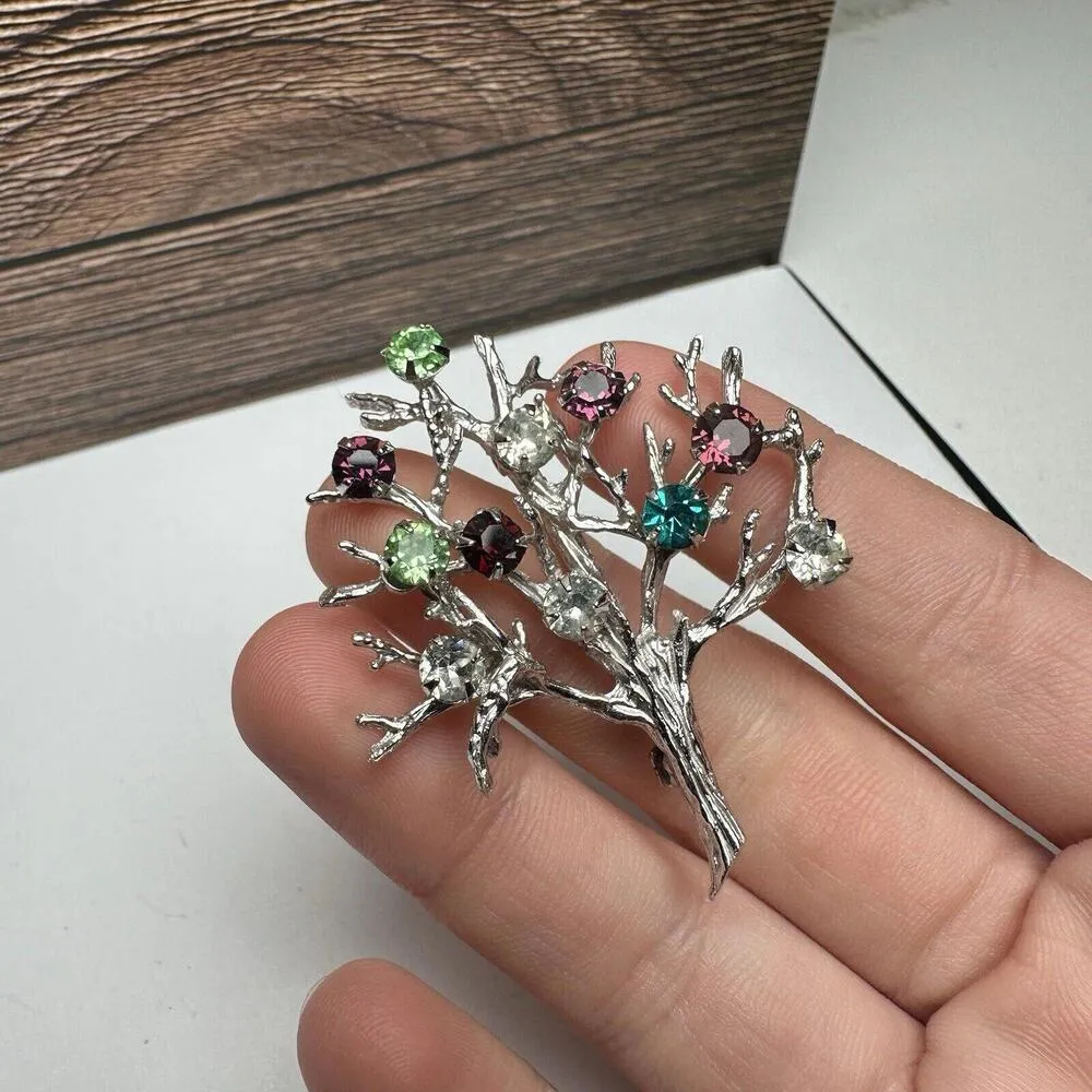 Rhinestone Tree Of Life Multi Color Silver Tone Brooch Pin Blue Purple Green Etc - Image 5