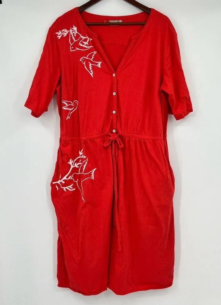 Eshakti bird print red pullover button front elastic waist dress plus size 2X - Image 2