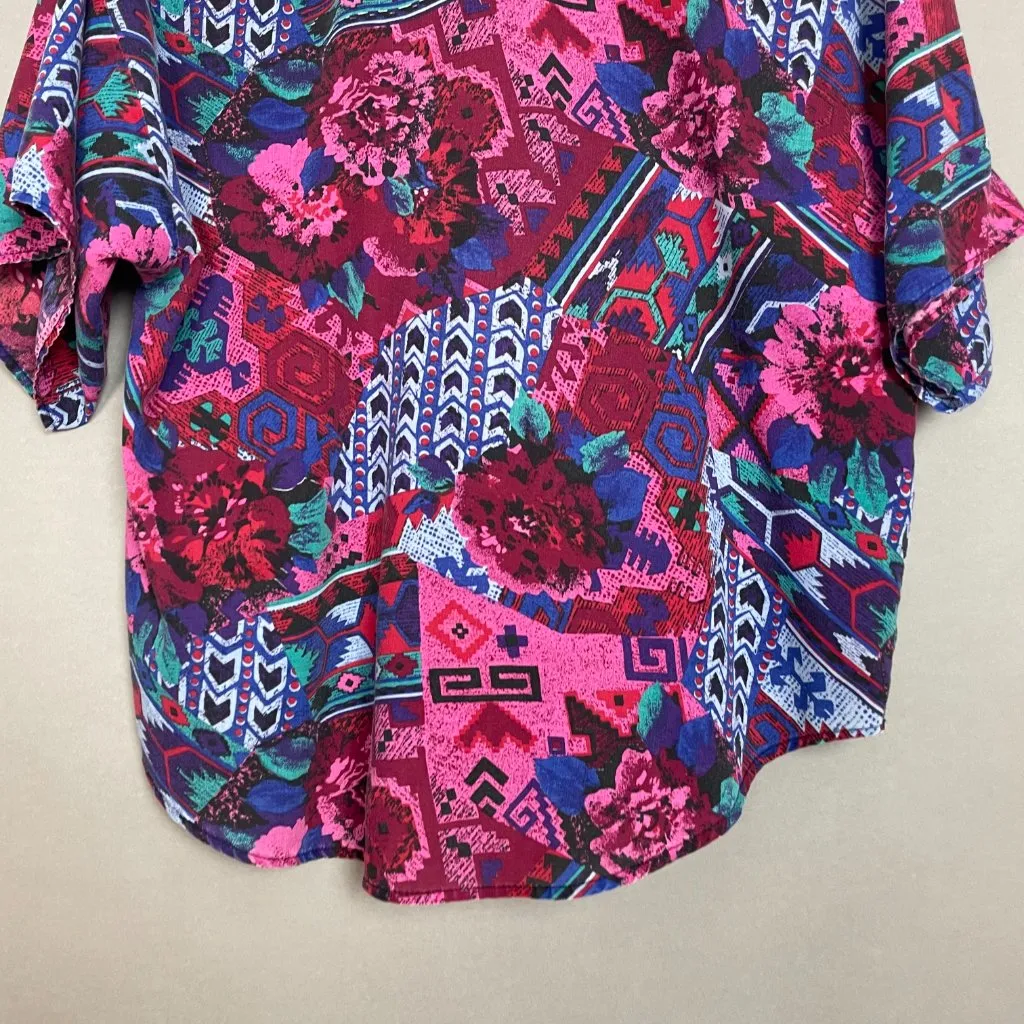 Vintage Floral Blouse Southwestern Eclectic Print Short Sleeve Women Vibrant Top Pink Size L - Image 6