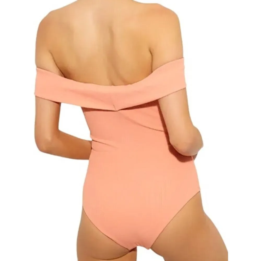 L Space Anja Off Shoulder Lace Up One Piece Swimsuit Tropical Peach 12 NWT - Image 2