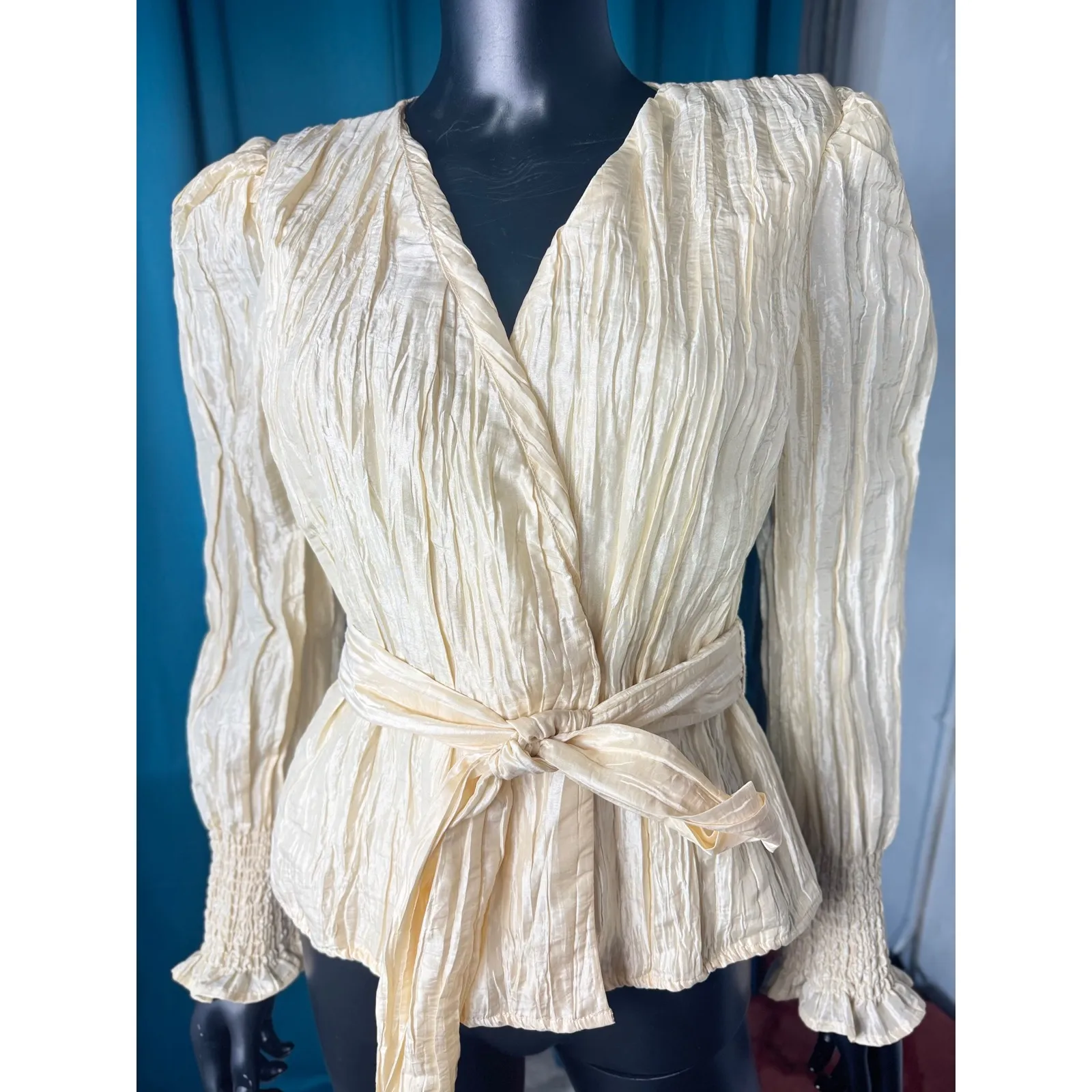 NBD Womens Cream Crinkle Wrap Tie Waist Long Sleeve Blouse Top Size S - Image 2
