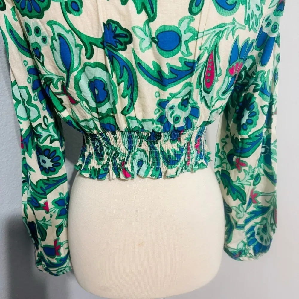 Zara Bloggers Favorite Bohemian V-Neck Floral Print Cropped Linen Blend Top Sz M - Image 15