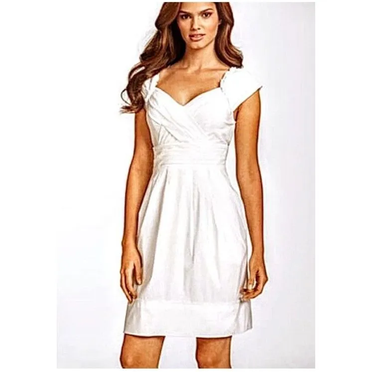 BCBG Max Azria White Dress Size 8 Smocked‎ Ruffle Sleeve Coquette Cottagecore - Image 3