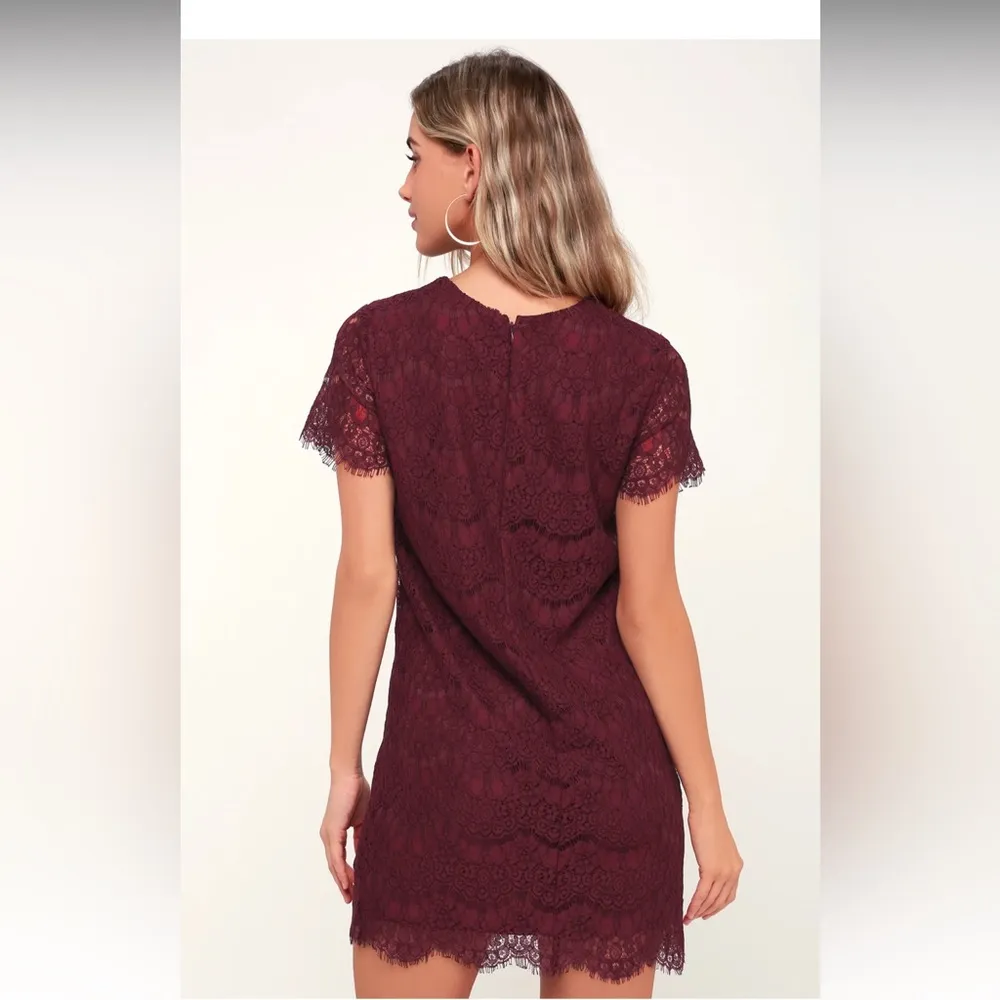 Lulu’s Take Me To Brunch Lace Shift Dress Burgundy - Image 3