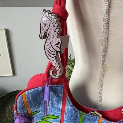 Sally Huss Seahorse Shells Beach Bag Tote‎ Charms Sun Sand Water Colorful Lake Red - Image 3