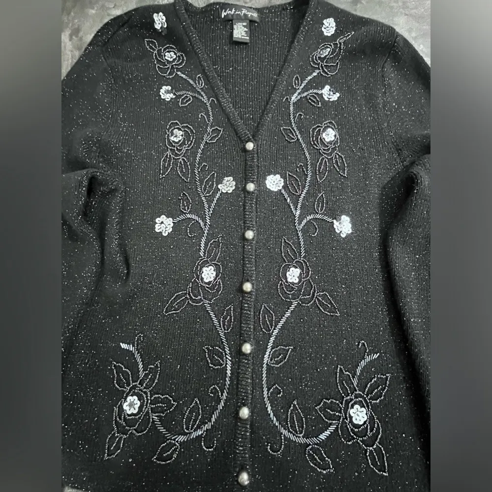Work In Progress Black Cardigan Sequins Shimmer Holiday Vintage Inspired Large - Image 4